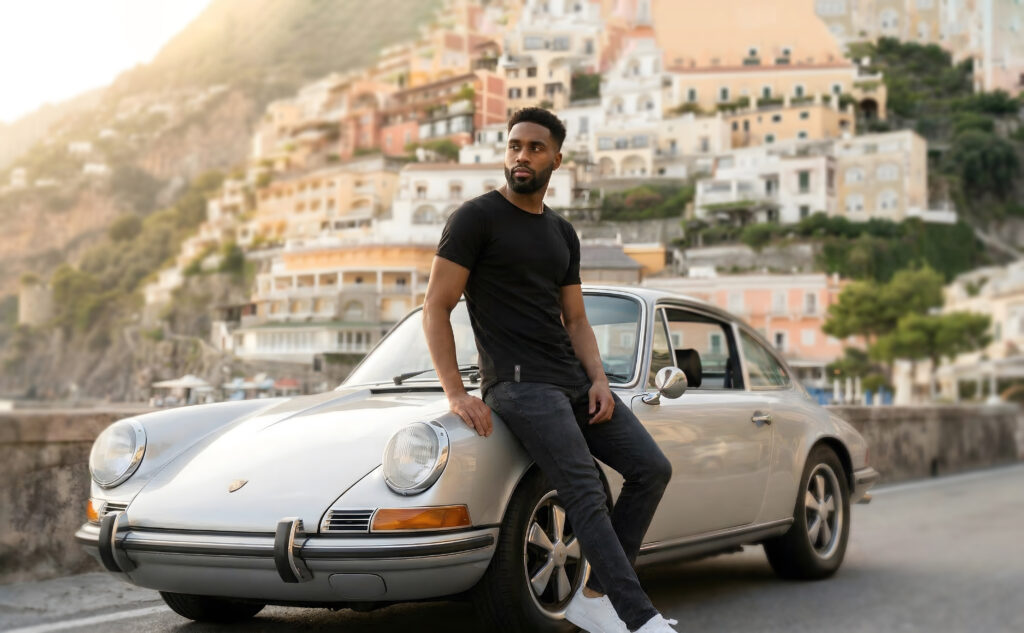 Man next to classic car in Ten/10 Apparel Classic shirt