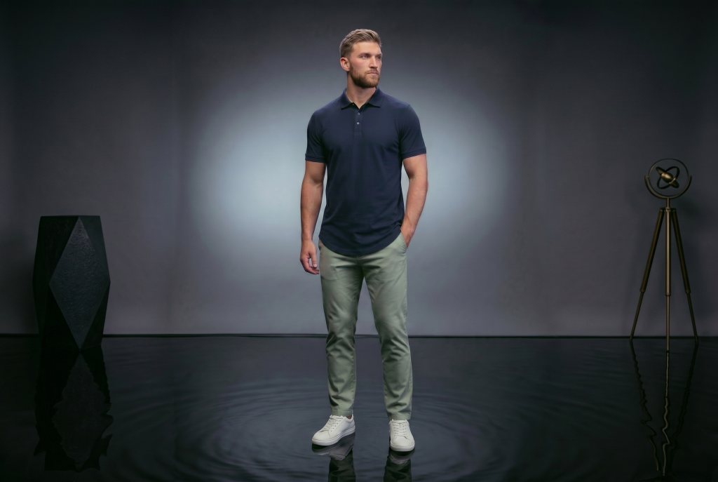 Mid 30s guy with stratus polo from ten10 apparel in a water standing