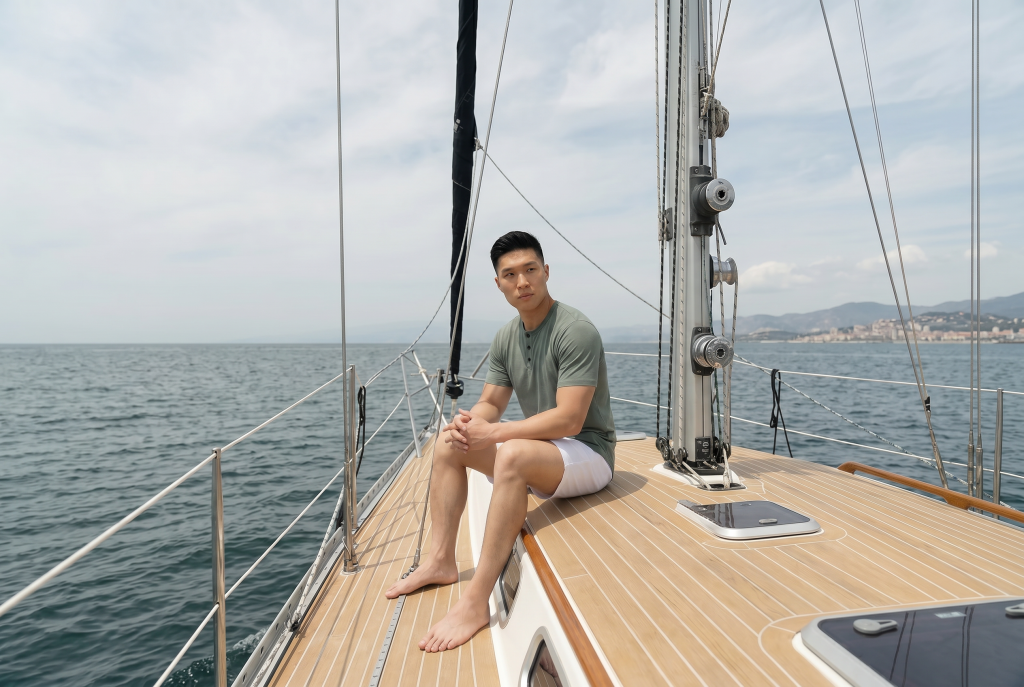 man on a boat in a green Henley from ten10 apparel