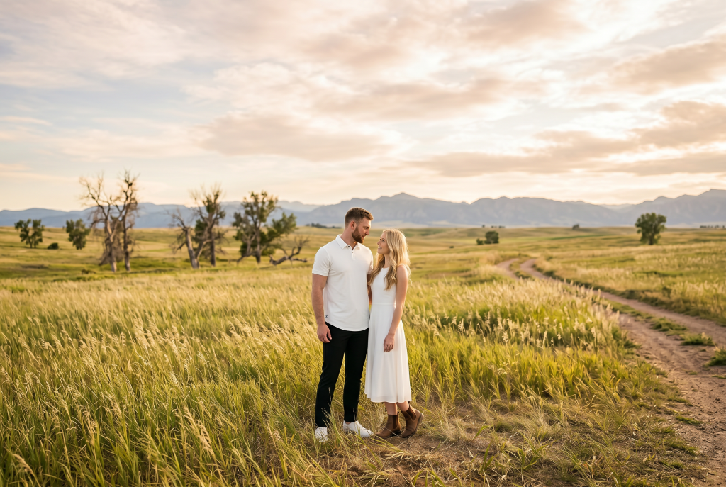 Man and woman in a green pasture. Man is in w white stratus polo from Ten10 Apparel, woman in a white dress.
