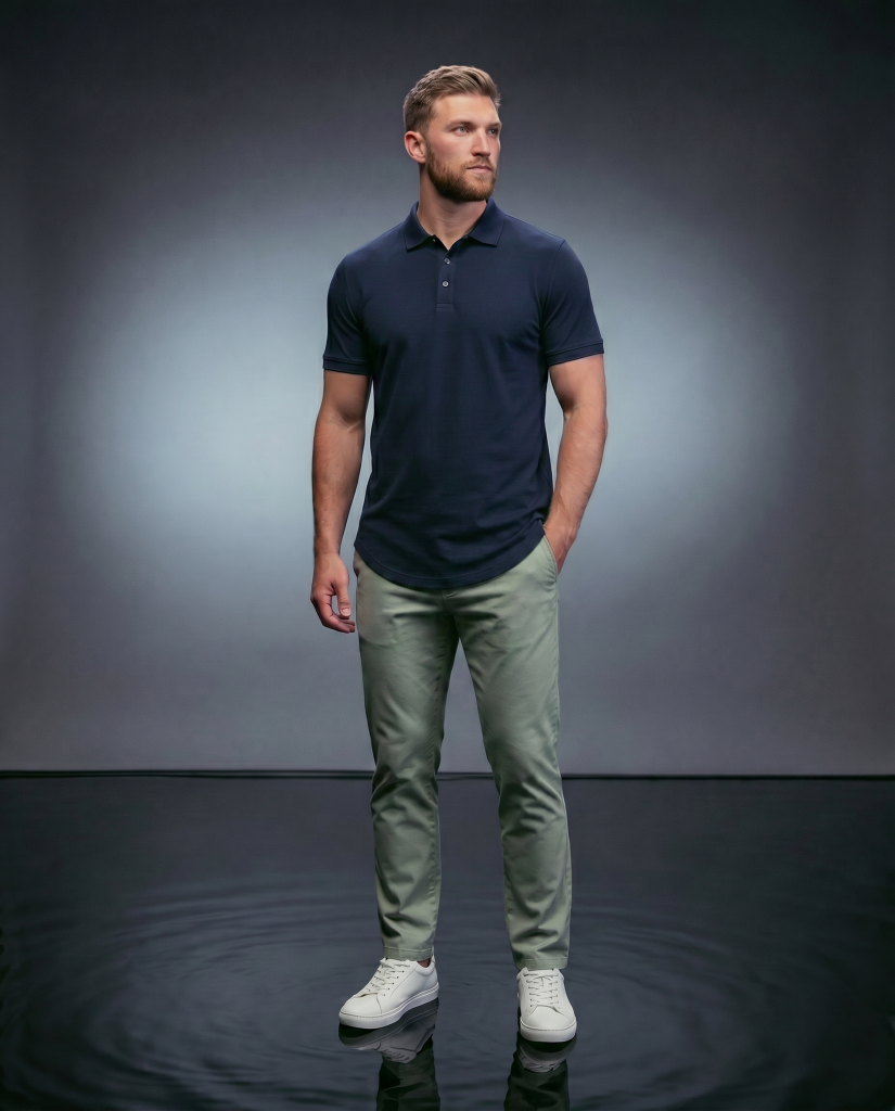 stratus polo curved hem Oxford blue with guy in a background standing on water