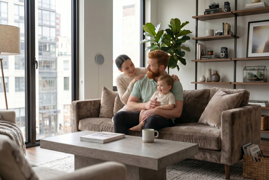 Red head father holding toddler baby boy while wearing the Ten 10 clothing Stratus polo in Boa
