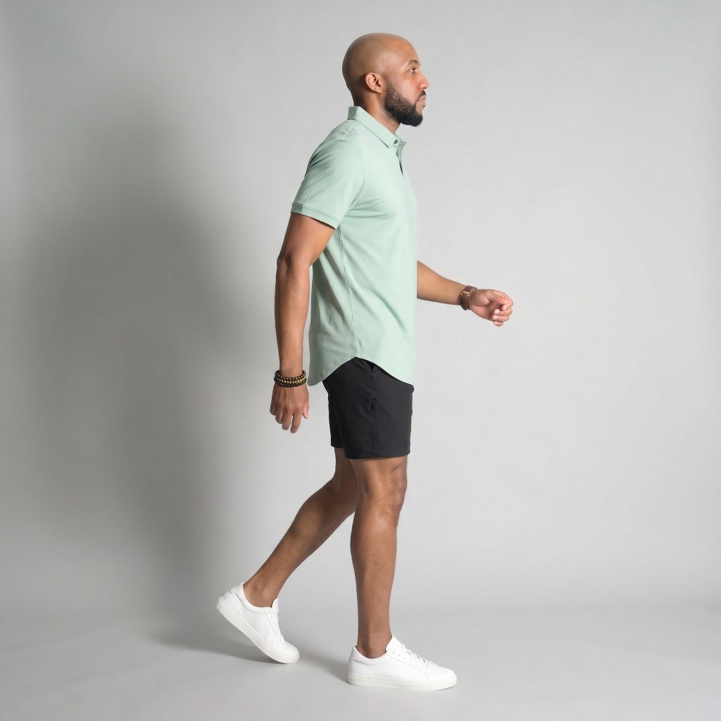 Best Lightweight Shorts for Summer, man walking in Ten10 apparel Stratus Polo Boa with black Ventura Classic short 7"