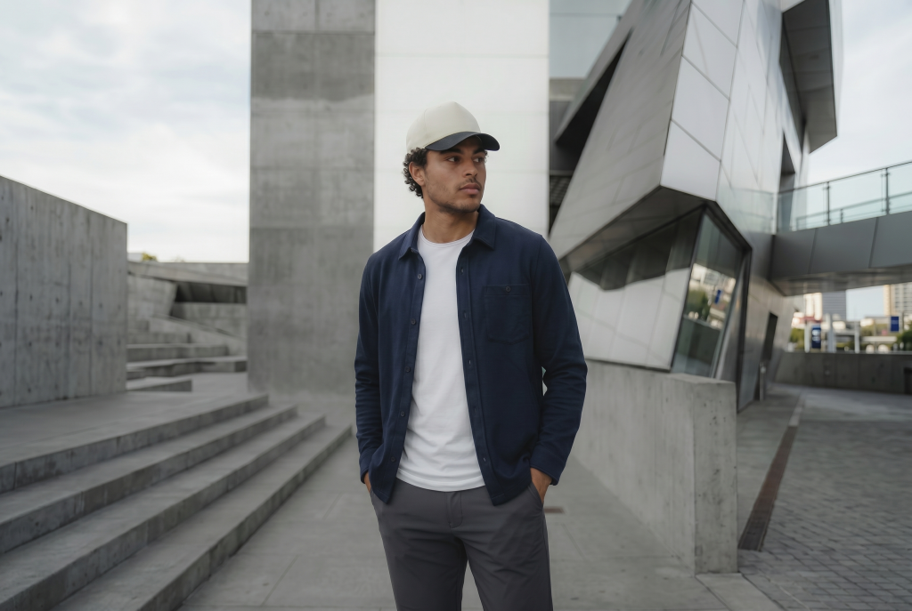 Man in heritage curved hem tee and pants with a hat on from ten10 apparel