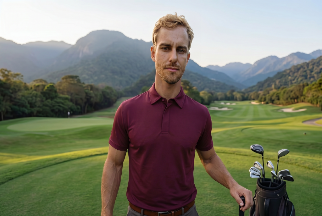 Blonde haired man in Burgundy Performance polo on the golf range
