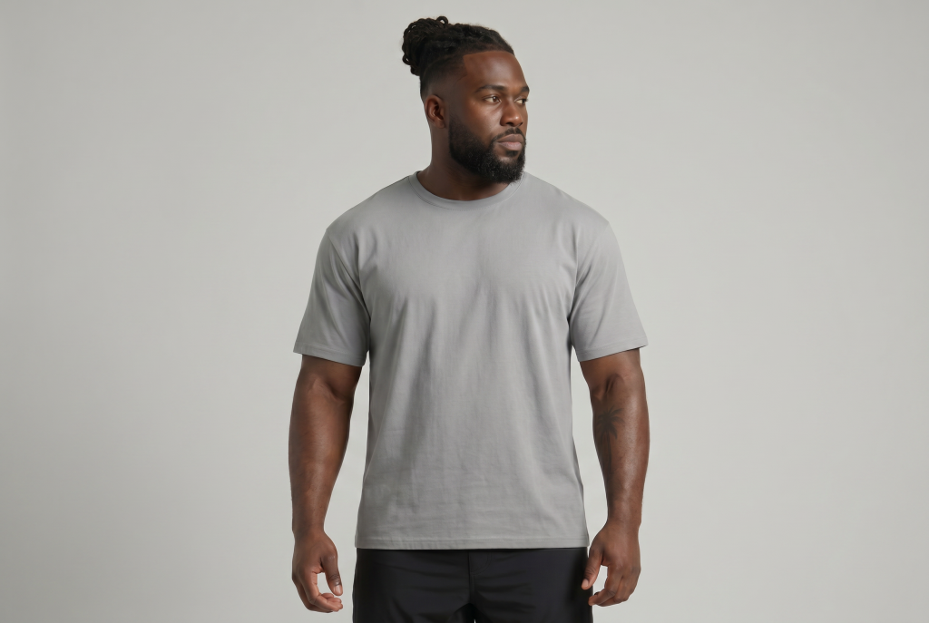 Black Man with dreads and chunkier build in ad Dad bod alto relaxed tee from ten10 apparel