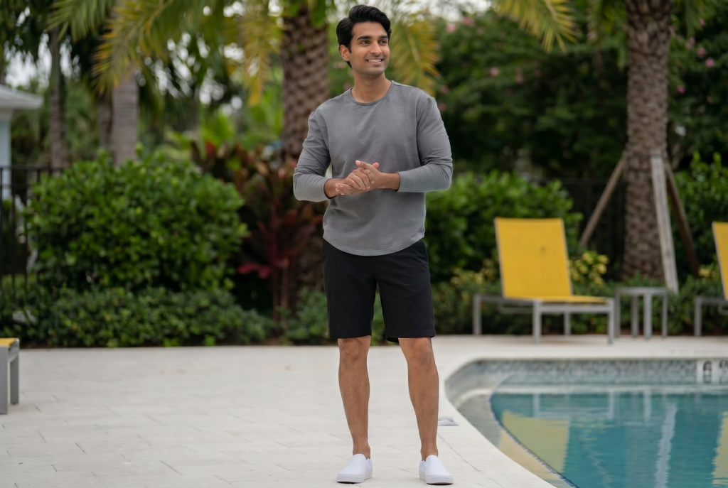 Shirts for shorter men, man wearing grey long sleeve