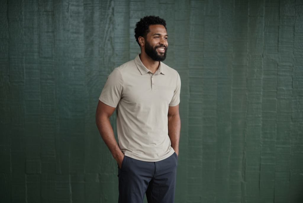 African American Black man in short sleeve beige polo from ten10 apparel with a dark green background, smiling indirectly at the camera.
