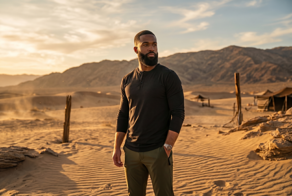 African American man in desert with a black long sleeve henley on from ten 10 apparel