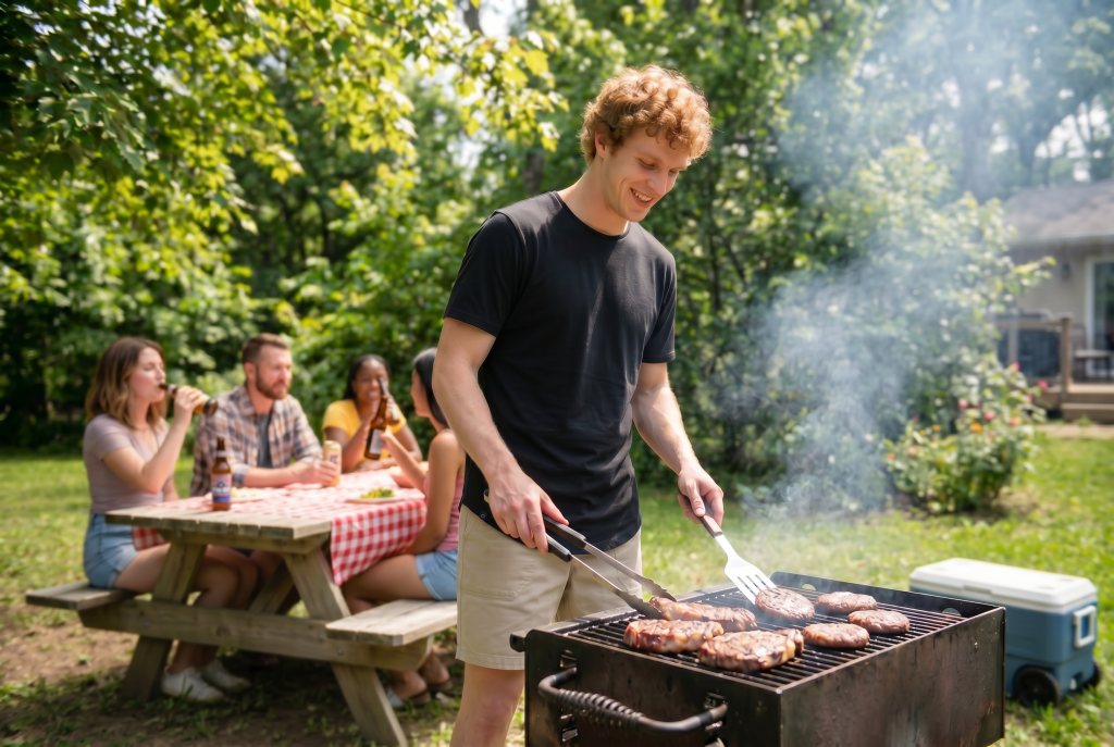 Man outside cooking bbq on grill during summer party in a curved hem shirt from ten10 apparel