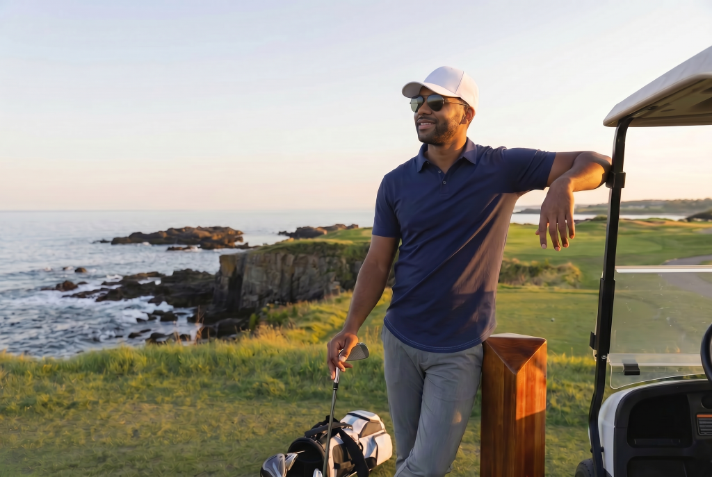Man in an Oxford blue polo from ten10 apparel standing on a cliff with a golf club in hand