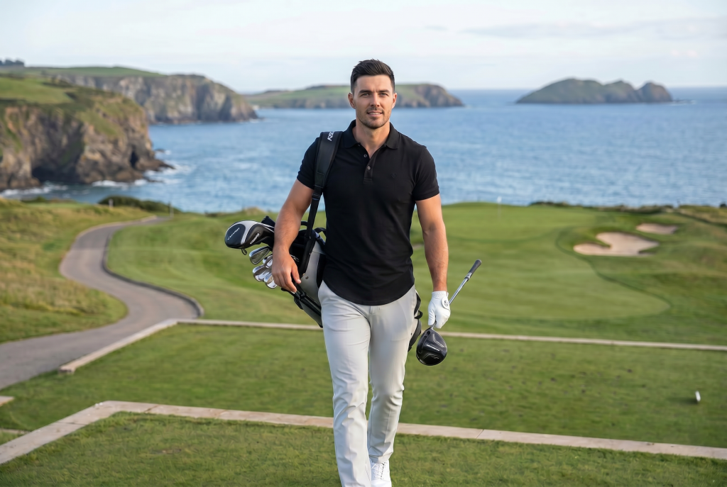 Man walking back from a scenic golf course in the Stratus polo in a Ten10 apparel polo