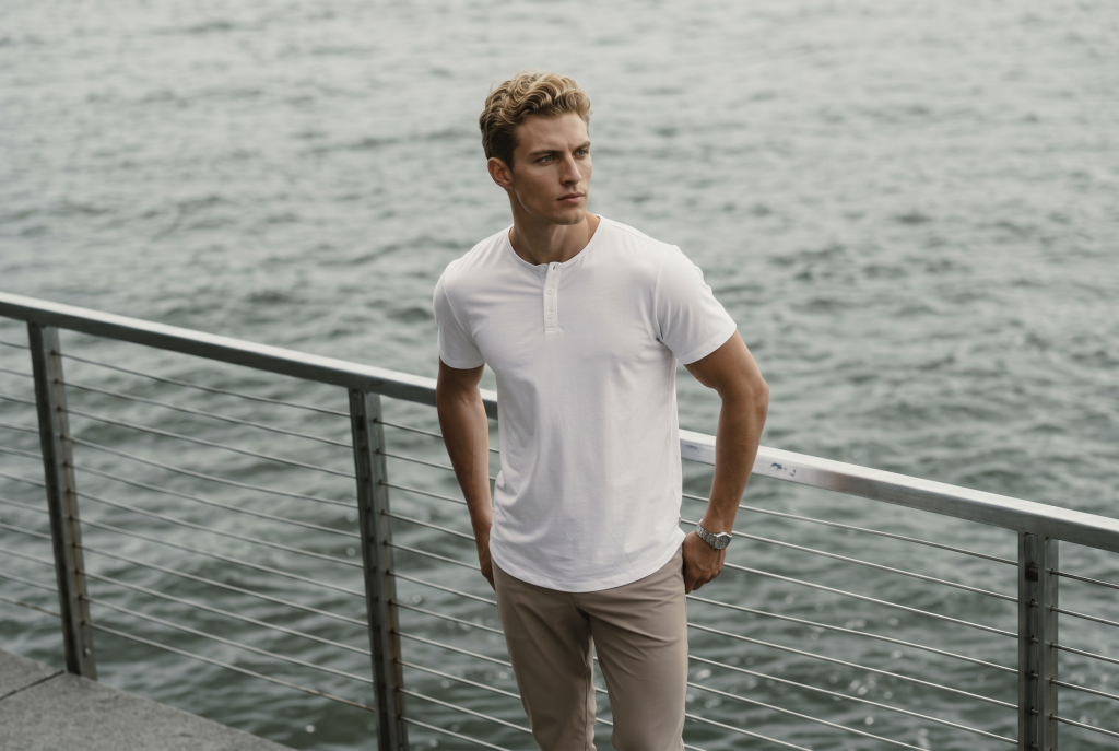Caucasian blond hazel eyed blond man standing next to a pier with relevantly calm water behind him.