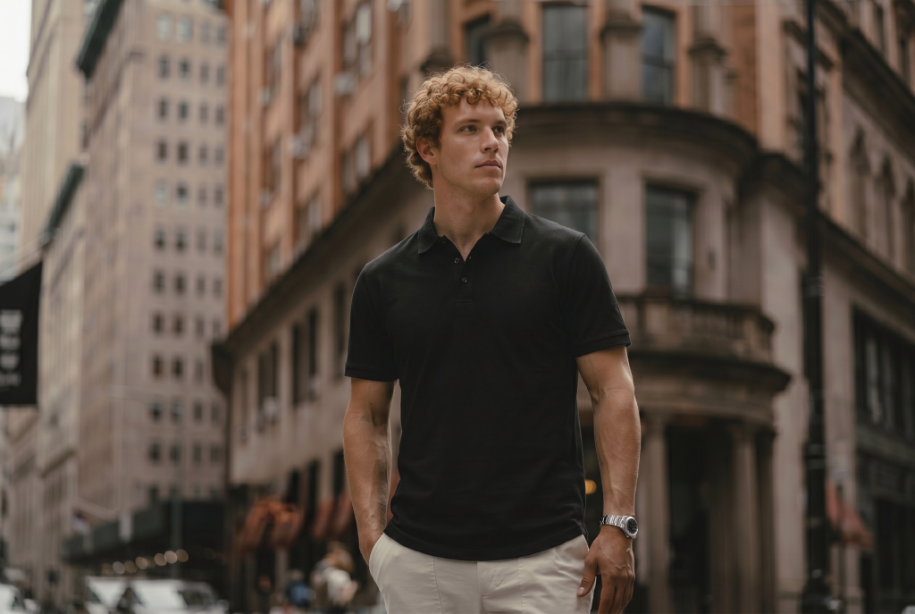 man in Manhattan New York in black curved hem polo from ten10 apparel