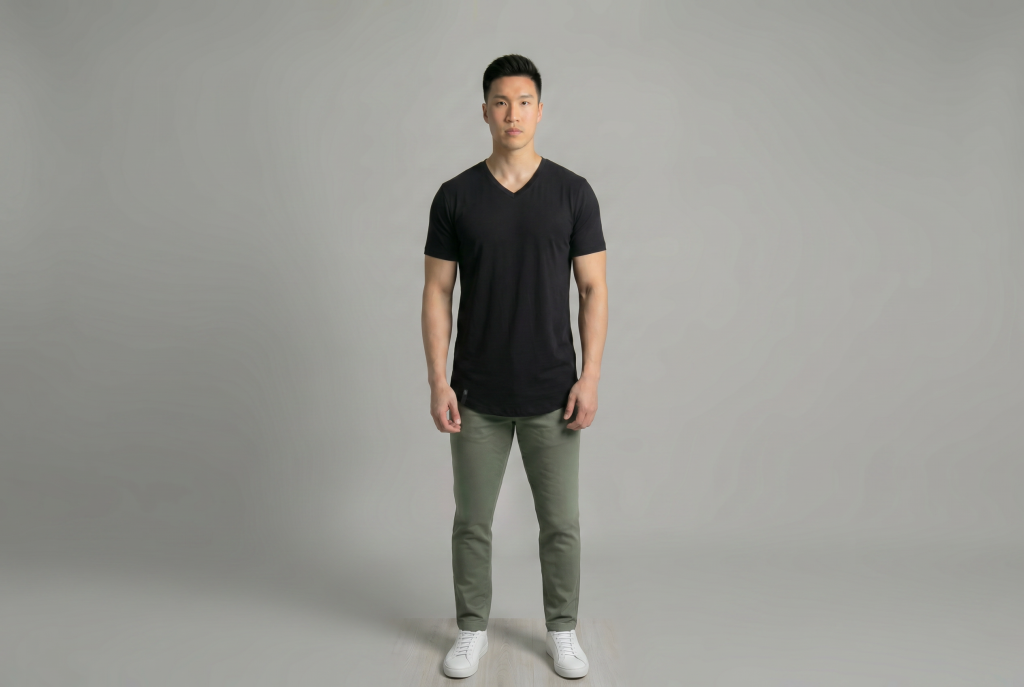 Man wearing a black vneck curved hem shirt