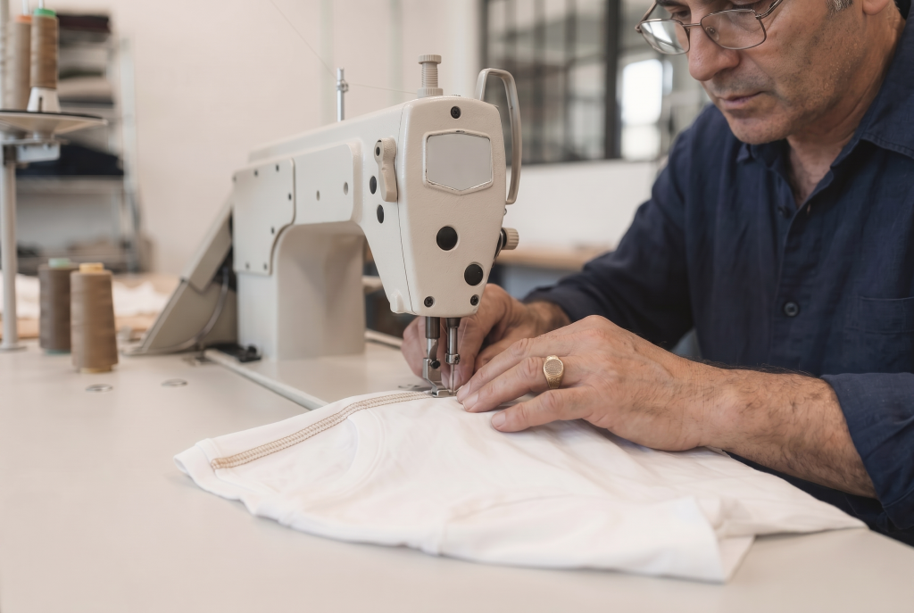 older guy sticking fabric