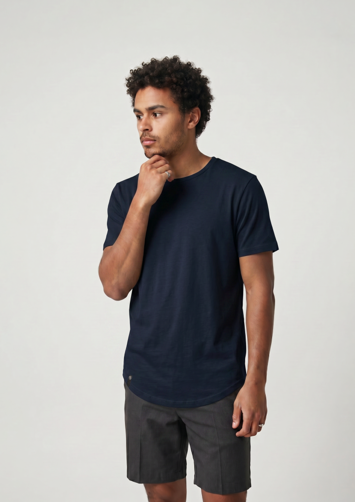 model in Curved hem tee Oxford blue from ten10 apparel