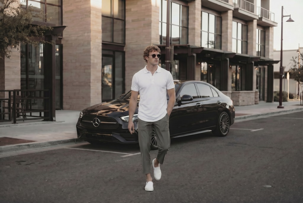 man walking in a white ten10 apparel polo with green pants on , walking away from his car