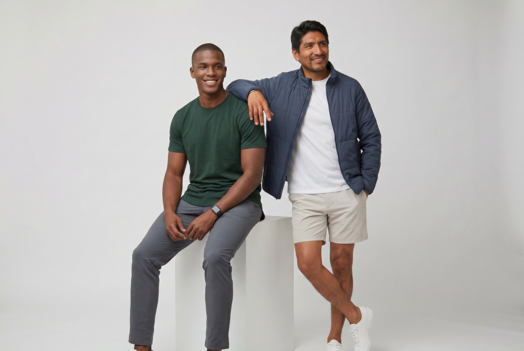 two guys one sitting on the left on a bench in a dark green shirt, the other leaning next to him casually in an alto relaxed tee from ten10 apparel.
