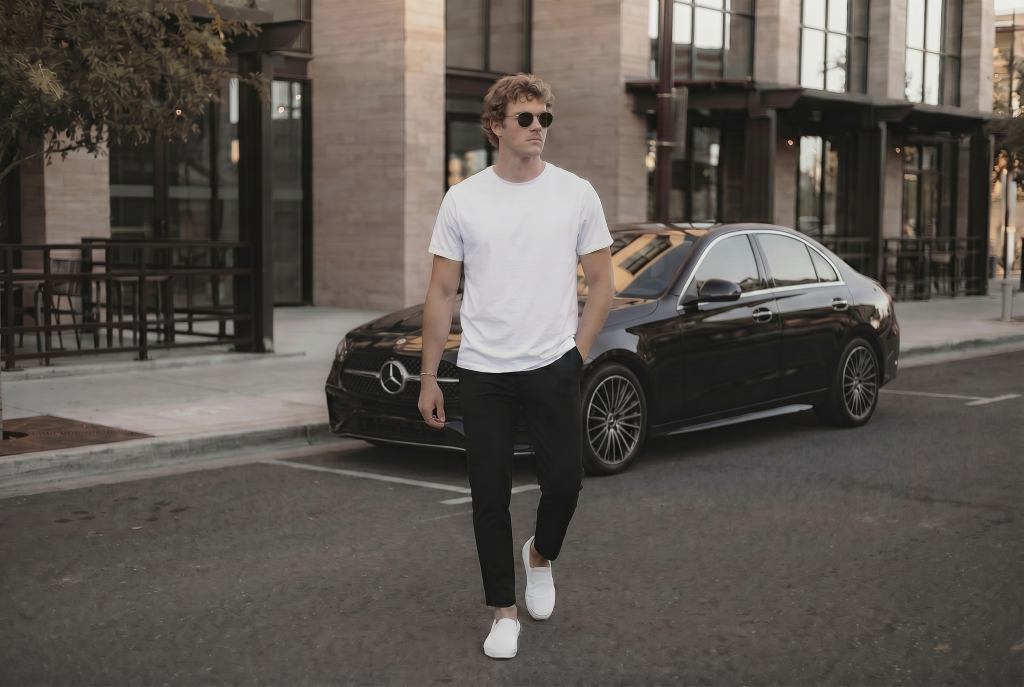 Cinematic picture of man walking away from a black Mercedes C-Class Sedan wearing a white alto relaxed T-shirt from ten10 apparel. He is wearing black pants walking in a modern city setting
