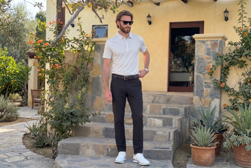 polo shirts similar to byt. Man standing in white shirt and blue pants