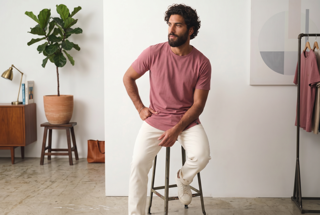 man in curved hem rosewood tee sitting on a stool with a modern background.