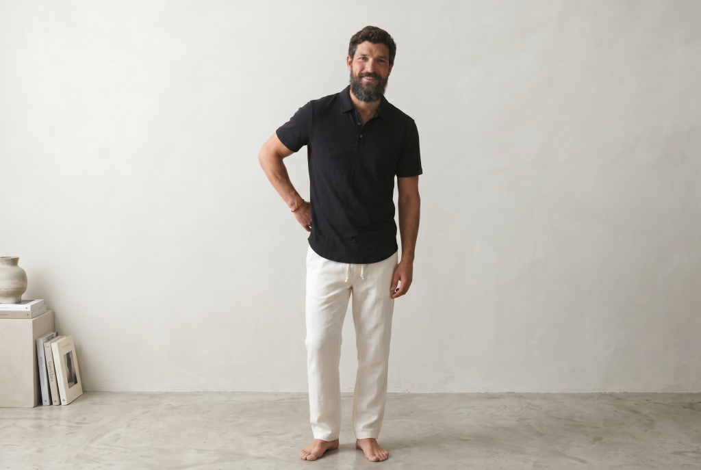 Man in white linen shorts and black mens polo shirt