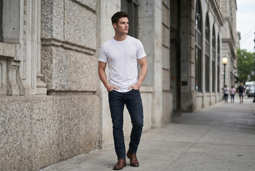 man standing in white heritage curved hem shirt