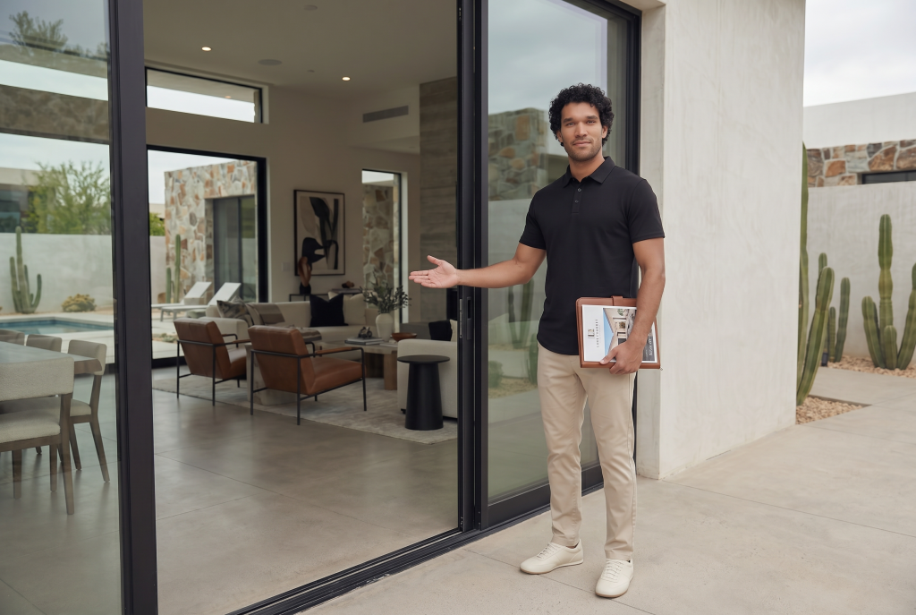 Man wearing black polo shirt for showing a house during a real estate meeting