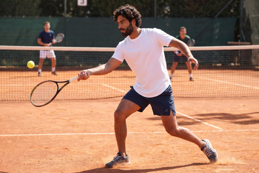 Man with beard playing on a clay tennis court in a White performance tee, he is about to hit the tennis ball with the tennis racker and he is wearing shorts