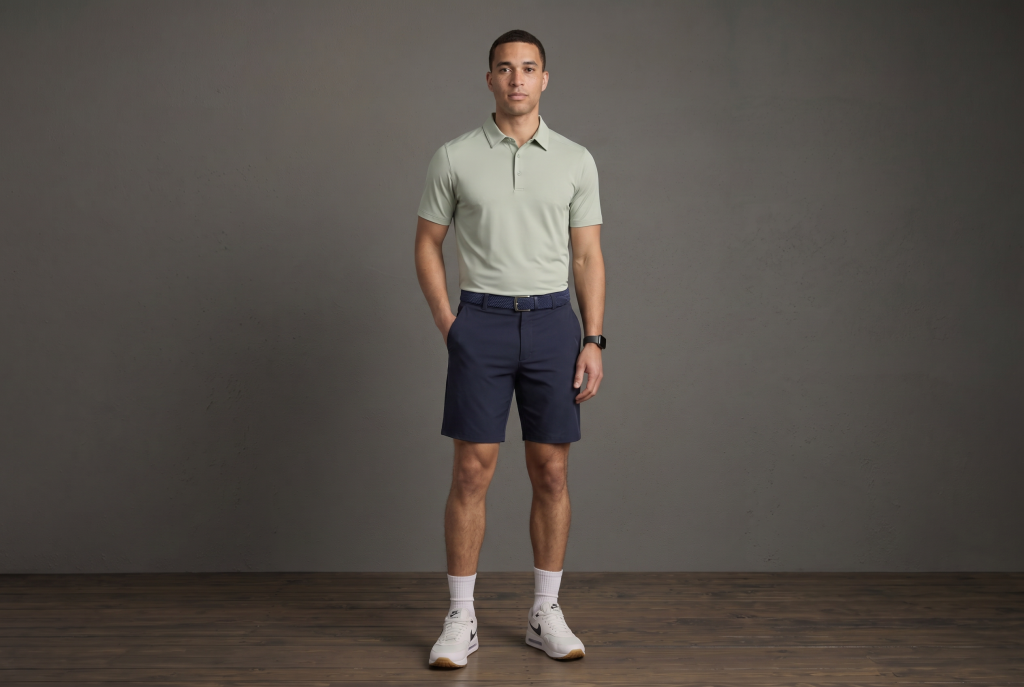 Man standing with hand in right pocket in a ten 10 apparel boa stratus polo