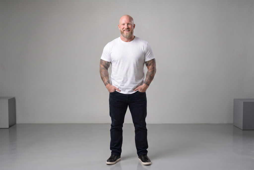 fat man with a beer belly wearing a white shirt with black pants