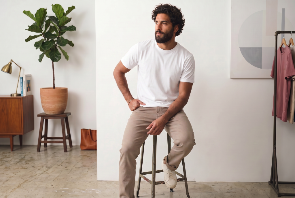 man sitting on stool with a luxury tee on