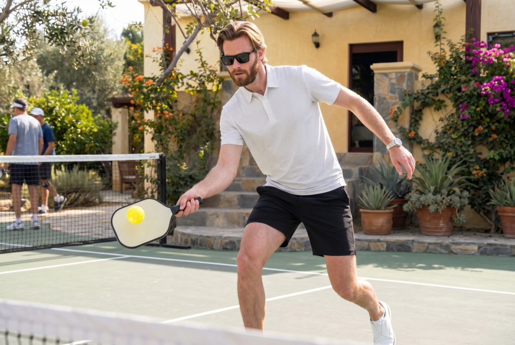 man playing pickleball in a white performance polo