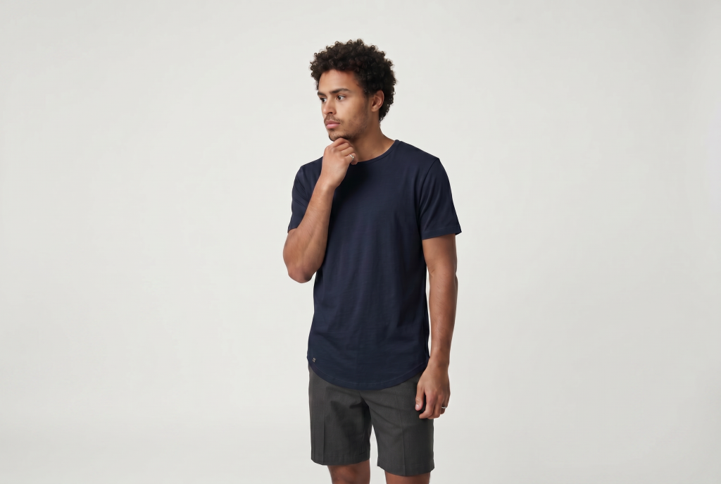 Man wearing dark blue heritage curved hem shirt tee from ten10 apparel