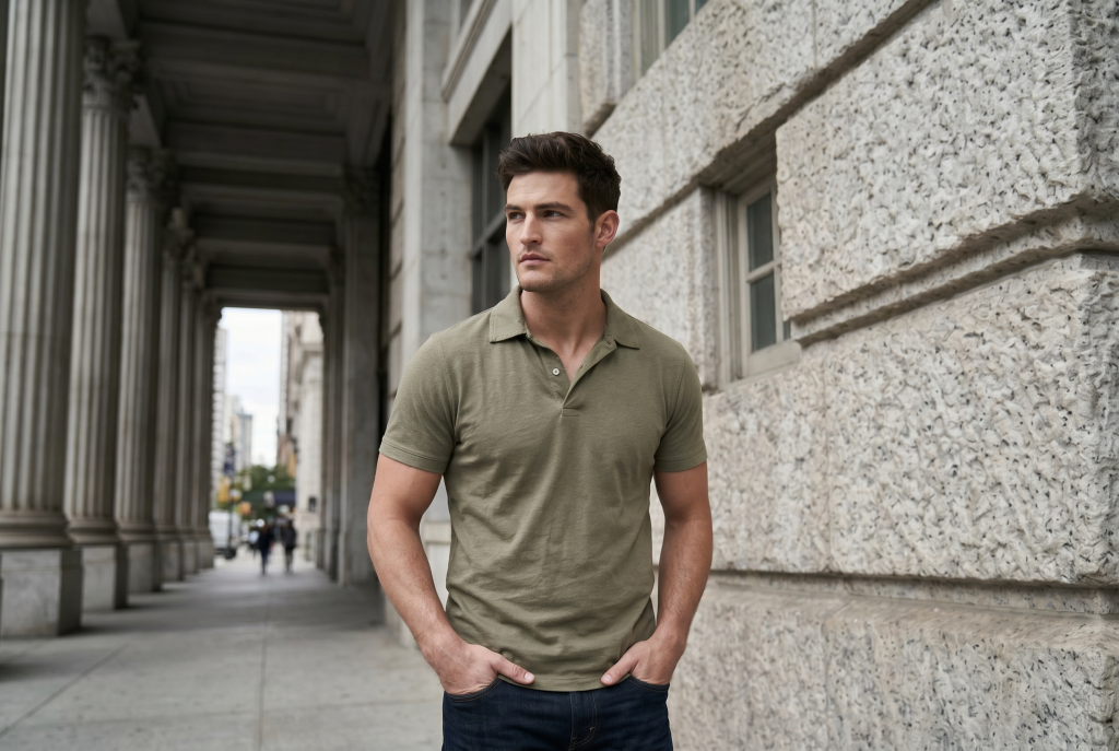 Man in green polo standing outside near building looking to left