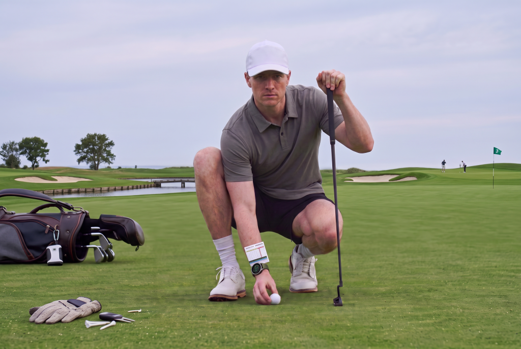 man stooping down on the golf course with a grey polo down