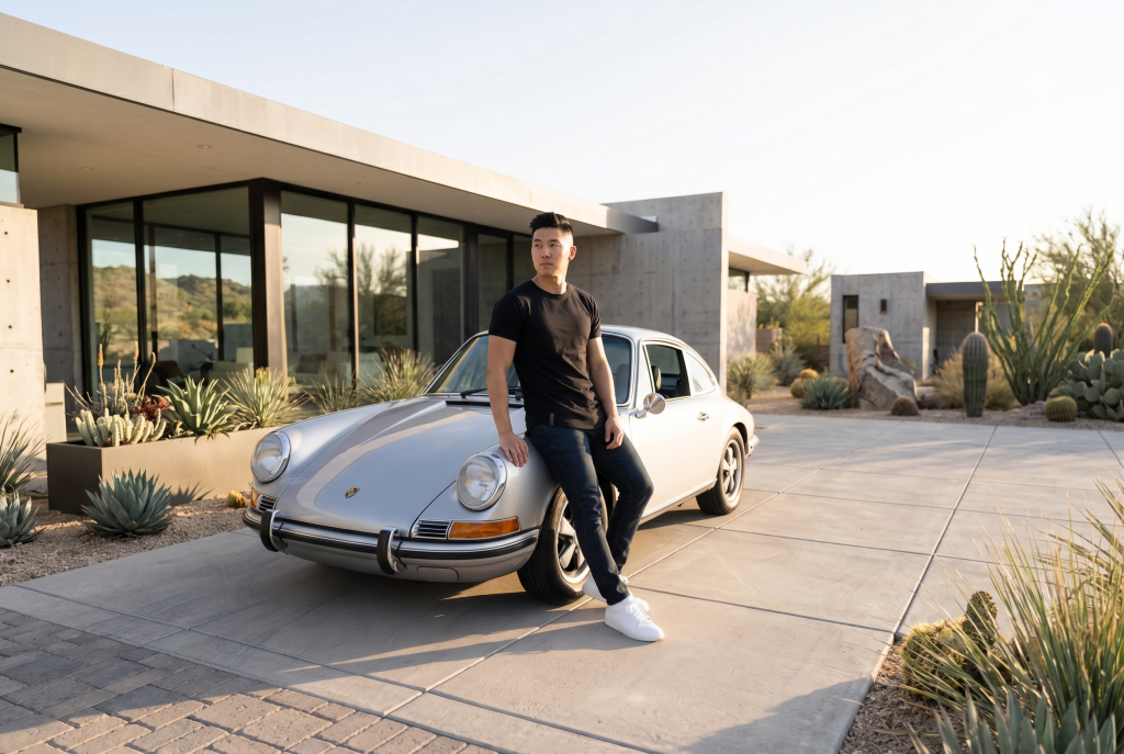 asian man in black ten10 apparel curved hem tee standing next to luxury car