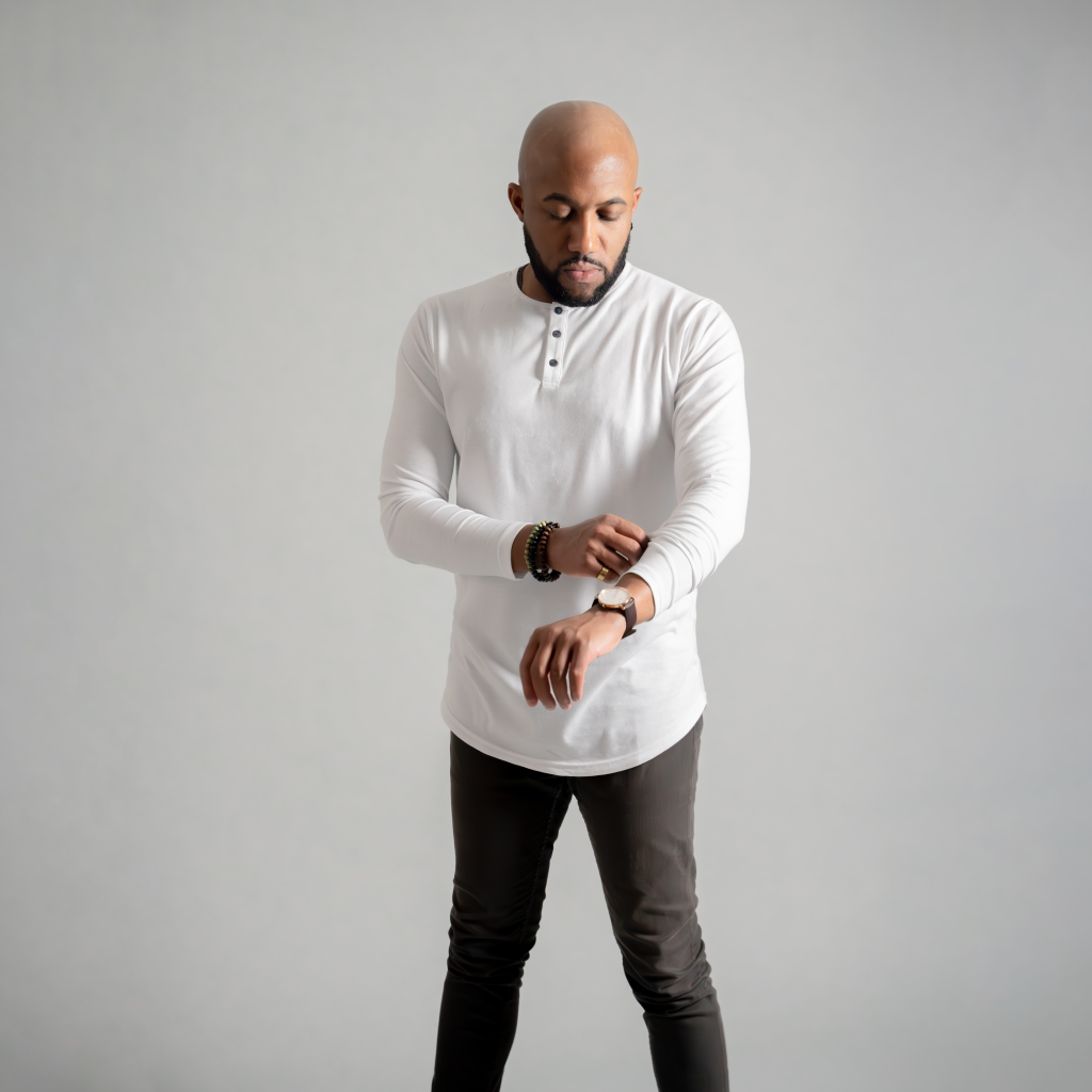 Man in long sleeve henley curved hem tee
