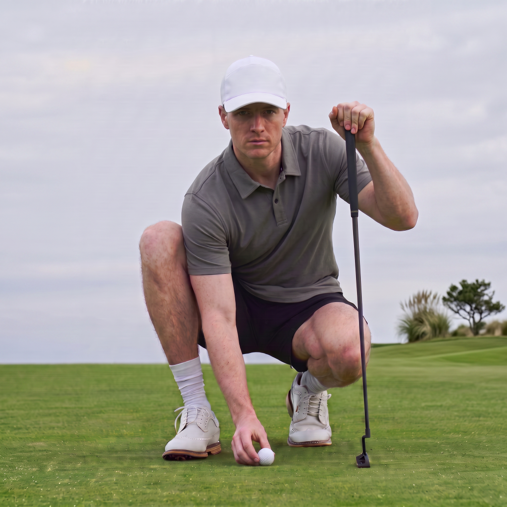 man playing golf in a gray polo, he is squatting down assessing the course
