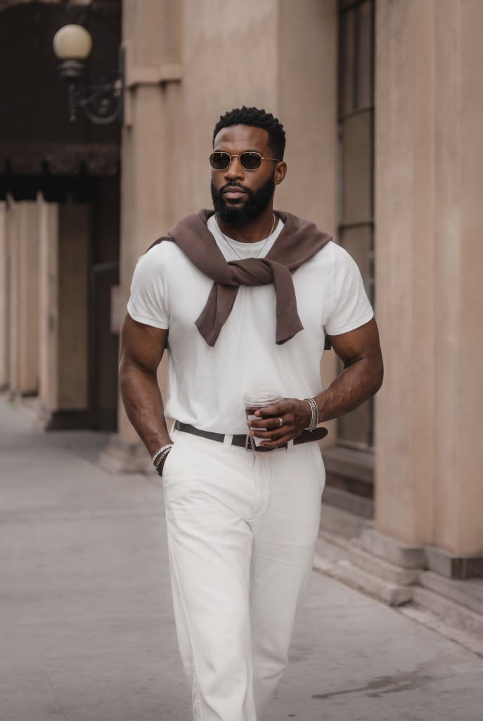Man walking in white fitted muscle tee made for tall men