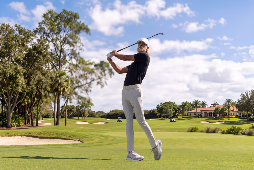 Man swinging golf club on a golf course, with a black polo and light gray pants
