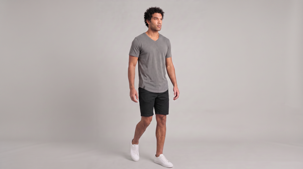 man in 2xl grey vneck curved hem tee