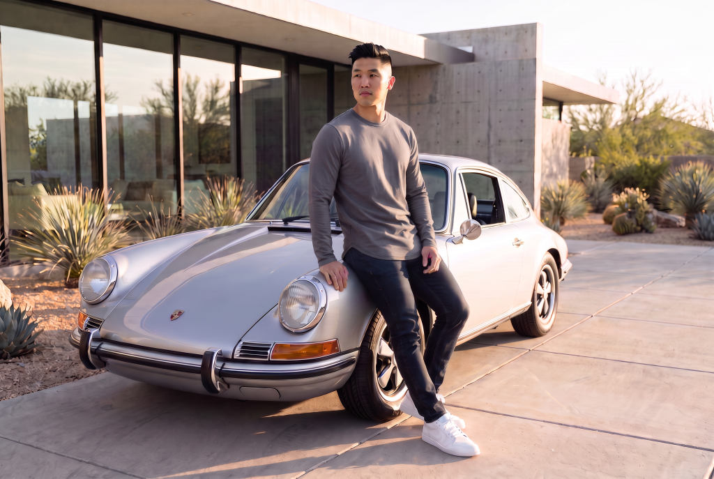 man in a grey long sleeve curved hem  tee standing next to a luxury car