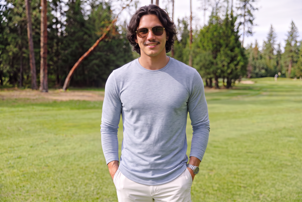 Man in heritage long sleeve curved hem tee