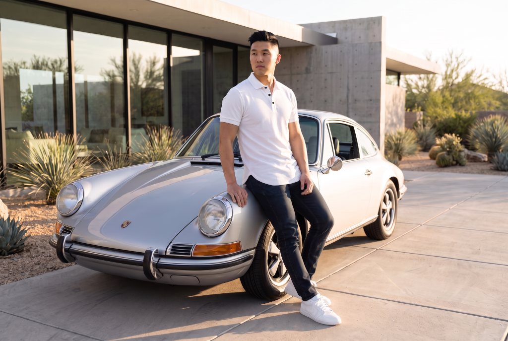 asian man in white fitted curved hem polo