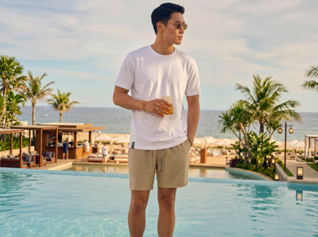 man in a relaxed alto white tee with a drink in hand by the pool side